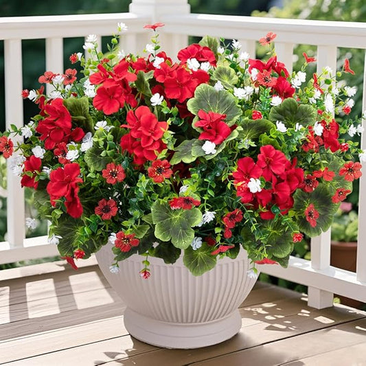 Ouddy Decor 18'' Artificial Geraniums Flowers for Outdoors, 10 Bundles Mixed Fake Silk Flowers Plastic Plants UV Resistant for Summer Garden Porch Patio Planter Kitchen Table Home Decor, Red