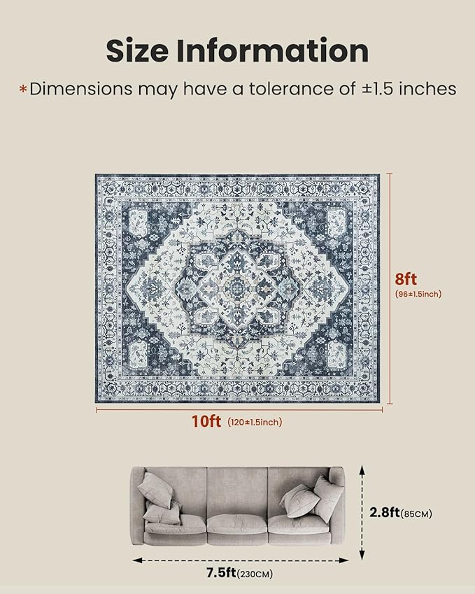 AMADA HOMEFURNISHING 8x10 Area Rug, Washable Low-Profile Large Area Rug with Non-Slip Backing & Durable Edge Binding, Vintage Large Rugs for Living Room, Bedroom