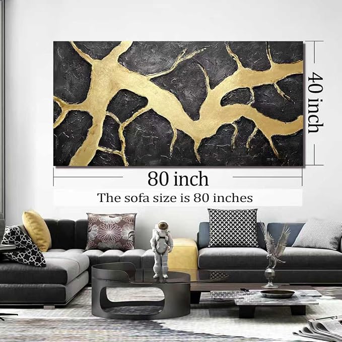 DNIEOTU Hand Painted Abstract Wall Art for Living Room, Black and Gold Canvas Wall-Decor for Bedroom, 3D Textured Paintings for Hallway Office, Large Size 80 x 40 Inches