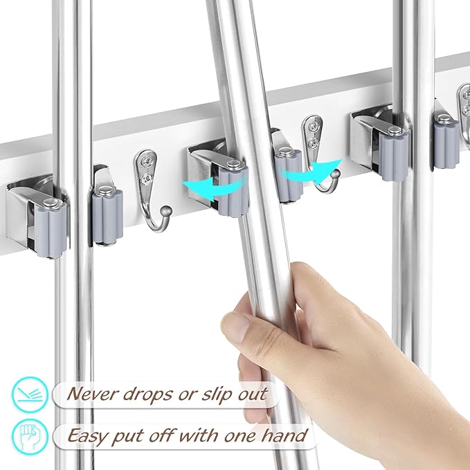 OUTNILI White Mop Broom Holder Wall Mount with 3 Slots & 4 Hooks - Wood Broom Mop Hanger for Pantry Kitchen Organization - Garden Tool Organizer for Closet Laundry Room