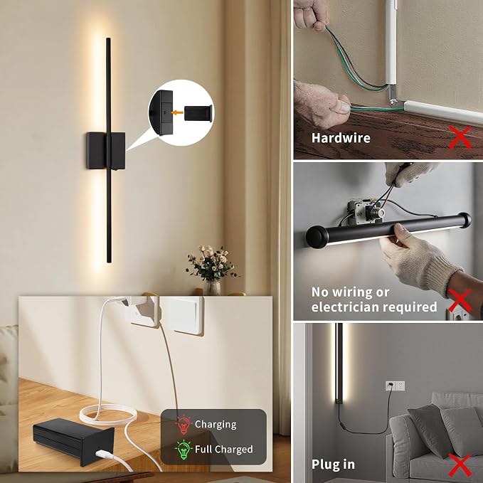 Battery Operated Wall Sconce Set of Two, Black, 28.3 inch | Remote Control, Rechargeable & Dimmable, Wireless, Peel and Stick Install, Timer Function