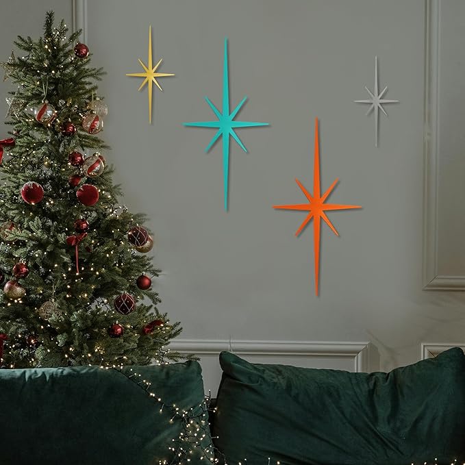 4 Pack Metal Star Wall Art 8 Pointed Starburst Wall Decor Set with 2 Large & 2 Small Pieces Mid Century Celestial Metal Wall Sculpture for Bedroom Living Room Office Gallery Wall