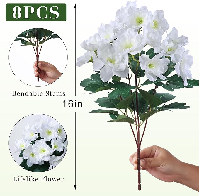 YXZZWL 8 Bundles Artificial Flowers for Front Door, Fake Silk Azalea Bouquet Silk Flowers for Outside UV Resistant Realistic Faux Plants for Planter Farmhouse Patio Garden Walkways Home Decor (White)