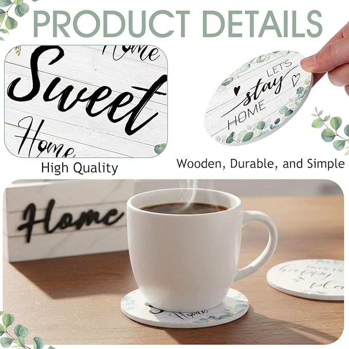 Queekay Coasters Set of 6 House Warming Gifts New Home Wooden Farmhouse Drink Coasters with Holder 4'' Funny Decoration for Kitchen Family Coffee Bar Tabletop Protection(Eucalyptus Leaf Color)