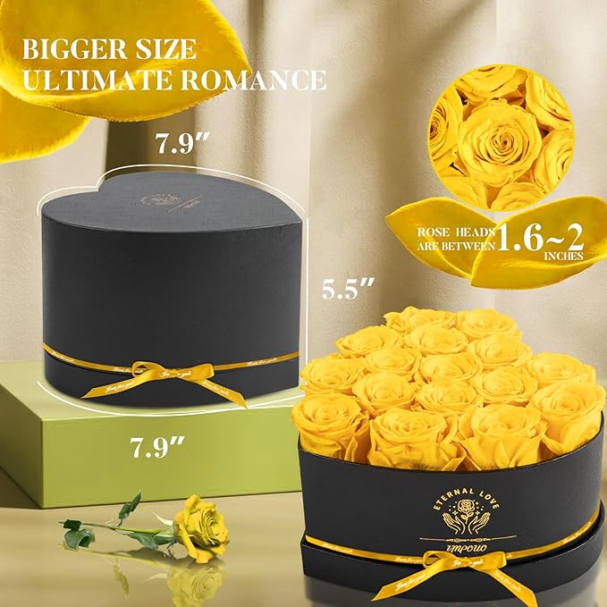 Impouo 16 pcs Preserved Flowers Rose in a Heart Shape Box,Preserved Flowers,Gifts for Women,Mothers' Day,Valentine's Day or Valentine’s Day,Yellow