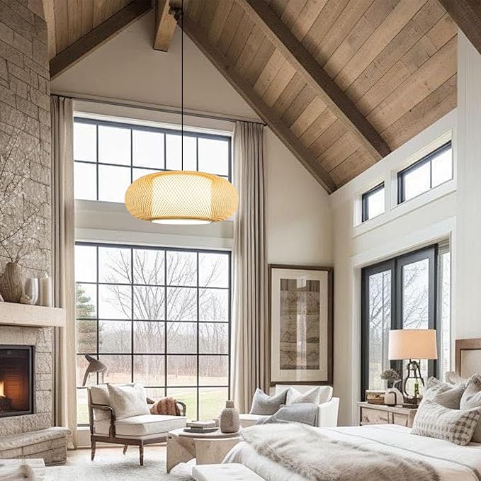Bamboo Pendant Light 23" 3-Light japanese Light Living Room Dining Room | Farmhouse Boho Hanging Light Large Kitchen Island Antique Rattan Wabi Sabi Ceiling Light, Large Hotel, Homestay & Restaurant