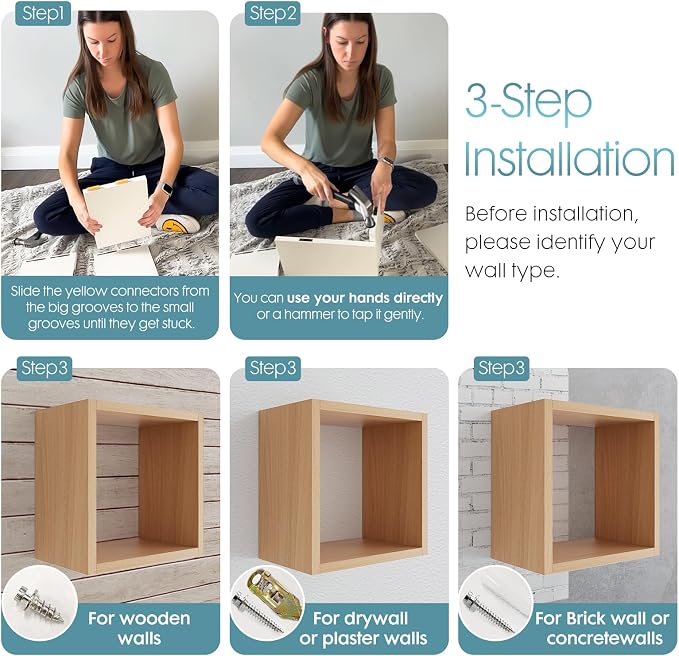 Kaboon Cube Floating Shelves Set2, Display Shelves Wall Mount 7.75" D x 12.5" W x 12.5" H, (Light Walnut, Square 2 Cubes)