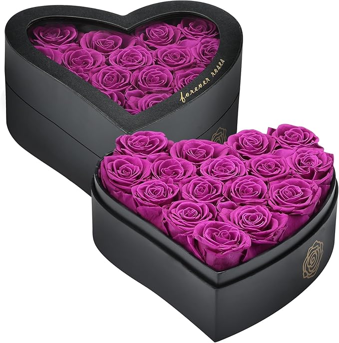 HERBMOTG 16 Forever Real Roses in Heart-Shaped Box with a Curved Design, Grade A Quality-Preserved Roses for Birthday, Mothers Day & Valentines Day (Purple)