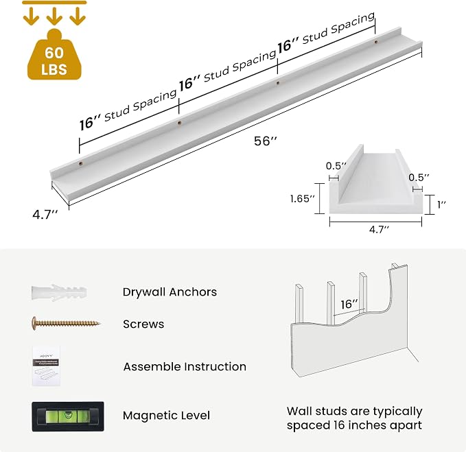 Acovy Solid Ash Wood Picture Ledge Shelf, Floating Shelves Set of 2, 56 Inch Long Large Ledge Shelves, Nursery Book Shelves Wall Mounted for Living Room Bedroom Kitchen Decor Kids Bookshelf, White