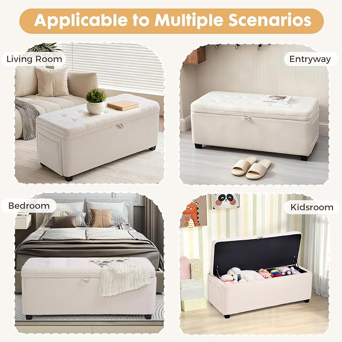 45" Storage Ottoman Bench, Tufted Ottoman with Storage for Living Room, Large End of Bed Ottomans, Modern Entryway Benchs, Window & Bedroom Benches for Foot of Bed (Ivory)