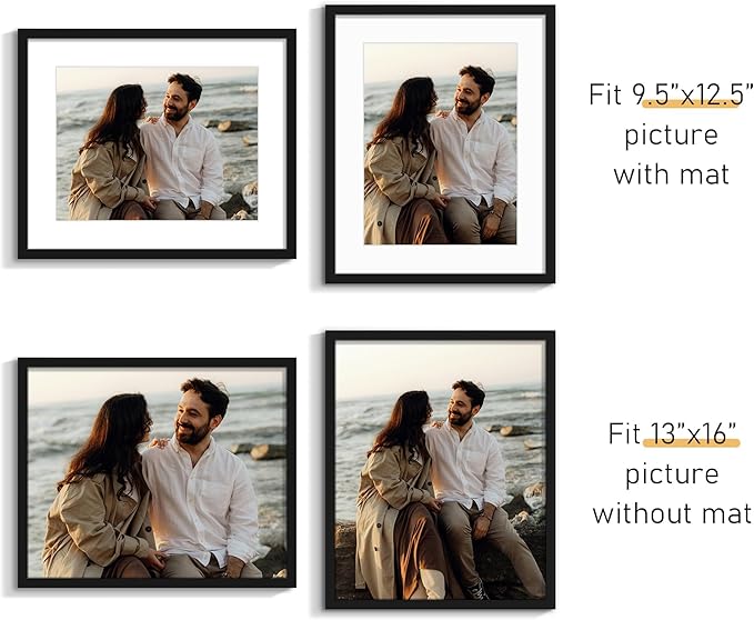 Picrit 13x16 Picture Frame Set of 12, Display 10 x 13 with Mat or 13 x 16 without Mat, Photo Frames for Wall Mounting Display, Black
