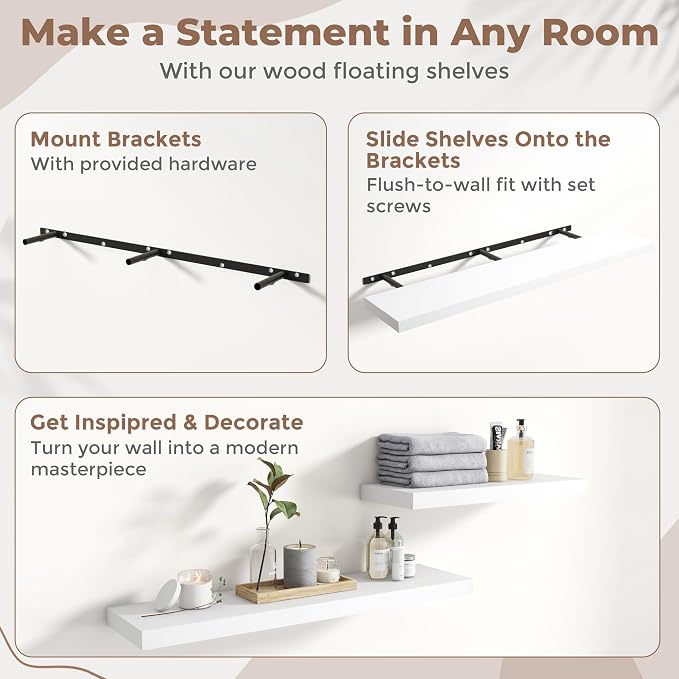 48 Inch Floating Shelves for Wall Set of 2, 8"D Wood Grain Bathroom Shelves with Invisible Brackets, Easy Install Engineered Wood Storage Shelves for Kitchen, Living Room, Bedroom, White Finish