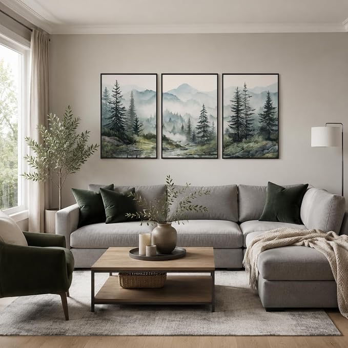 SAFERRYHOME Foggy Green Forest Wall Art, Misty Pine Tree Framed Canvas Wall Decor, Nature Landscape Painting Woodland Prints, Modern Mountain Artwork Picture for Living Room Bedroom Office, 20"x28"x3