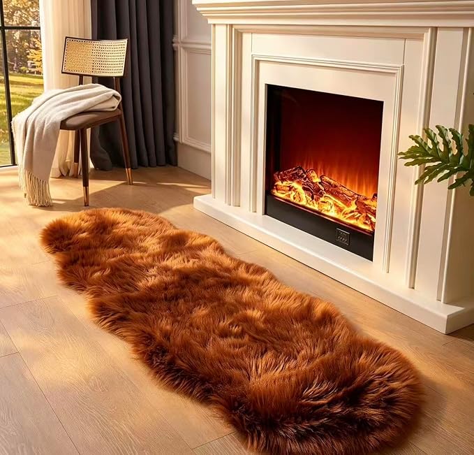Faux Fur Sheepskin Runner Rug Caramel 2x6 ft Ultra Soft Shaggy Plush Fluffy Fuzzy Area Carpet Decorative Chair Cover Floor Mat for Bedroom Sofa Living Room Bedside