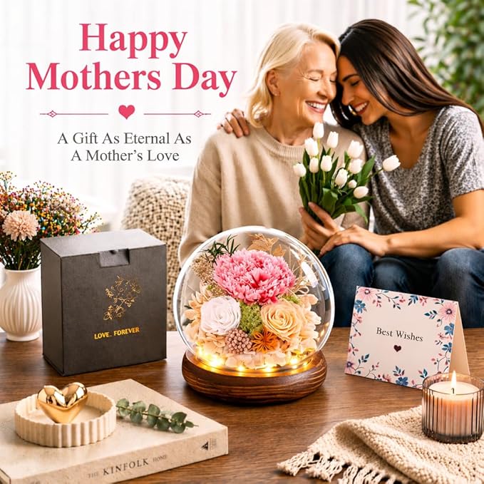 FIACO Gifts for Mom Women Preserved Flowers in Glass Dome Forever Flowers for Delivery Prime Eternal Roses Mothers Day Birthday for Grandma Sister Daughter Wife Her Girlfriend, Pink