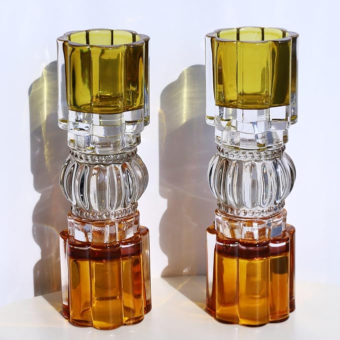 VOHO Amber Votive Candle Holders for Fall Decor, Set of 2 Vintage Tealight Candle Holder for Coffee Table Mantle, Tall Votive Holder Jazzy Glass Mix for Centerpiece(7.87x2.75 in W/H, Shades of Amber)