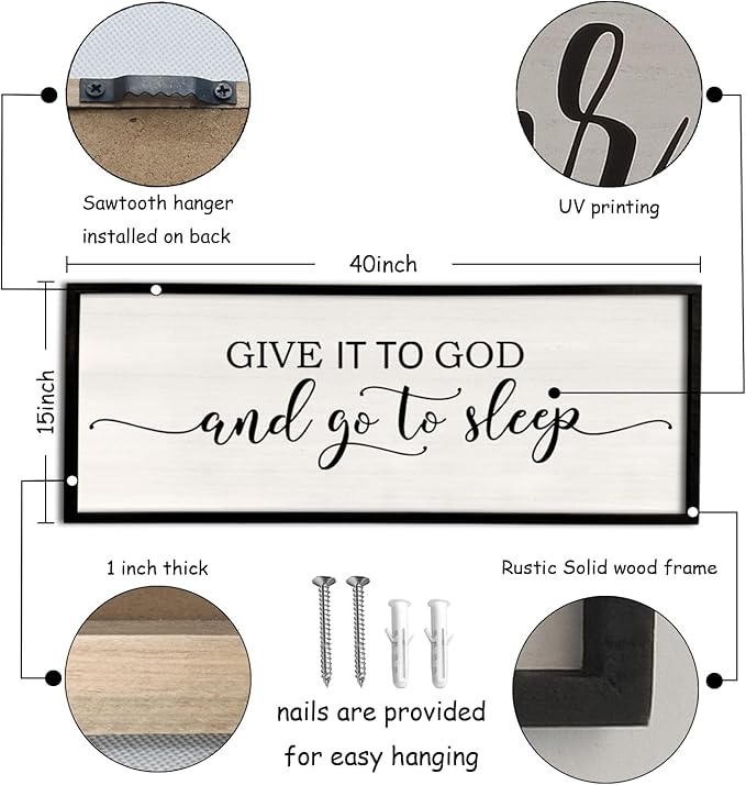 Give It To God And Go To Sleep Wall Decor 40"X15" Master Bedroom Above Bed Sign Christian Rustic Farmhouse Over Bed Large Religious Vintage Wood Framed Horizontal Catholic Wall Hanging Art (Black)