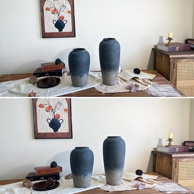 Ceramic Rustic Farmhouse Vase, 15 Inch Black Handmade Pottery Flower Vase for Home Decor, Rustic Living Room Decor, Wedding Gifts, Shelf & Table Decoration