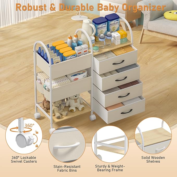 Baby Organizer and Storage Cart, 4-Tier Rolling Utility Cart with Wheels, Dividers and Drawers, Easy to Assemble for Nursery, Bedroom & Changing Table, White