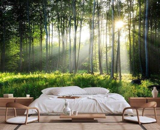 Sunshine in The Woods Mural, Large Jungle Mural, Suitable for Decorating Bedroom, Living Room, Bath Room Background Wall(Non-self-Adhesive)