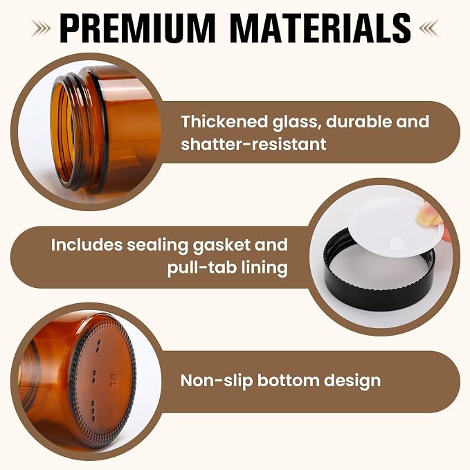 30 Pcs 4 oz Glass Jars with Lids, Amber Glass Jars with 40 Labels & 10 Spatulas, Inner Liners, LeakProof, UV-Protective,Round Glass Containers for Essential Oils, Spices, Candle Making,DIY