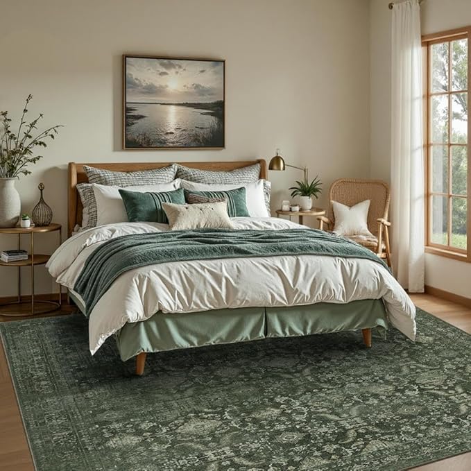 Rugxara 5x7 Area Rugs for Living Room Bedroom, Washable Rug, Green Vintage Floral Boho Rug, Non Slip & Low Pile Faux Wool Thin Carpet for Indoor Dining Room and Kids Room(Green 5x7ft)