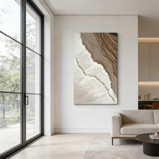 Kabcod 3D Textured Sand Beach Waves Wall Art Large Size White Brown Abstract Coastal Painting Artwork Ocean Wave Beach Landscape Oil Painting for Living Room Bedroom Decor 20X40in Ready To Hang