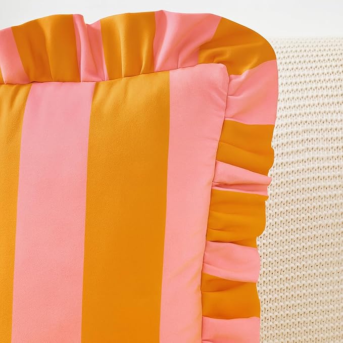 MONDAY MOOSE Decorative Throw Pillow Covers, Set of 2 Water-Resistant Striped Design with Ruffle Edge for Outdoor/Indoor Use, Pillow Inserts Not Included (22x22 inch, Light Pink/Honey)