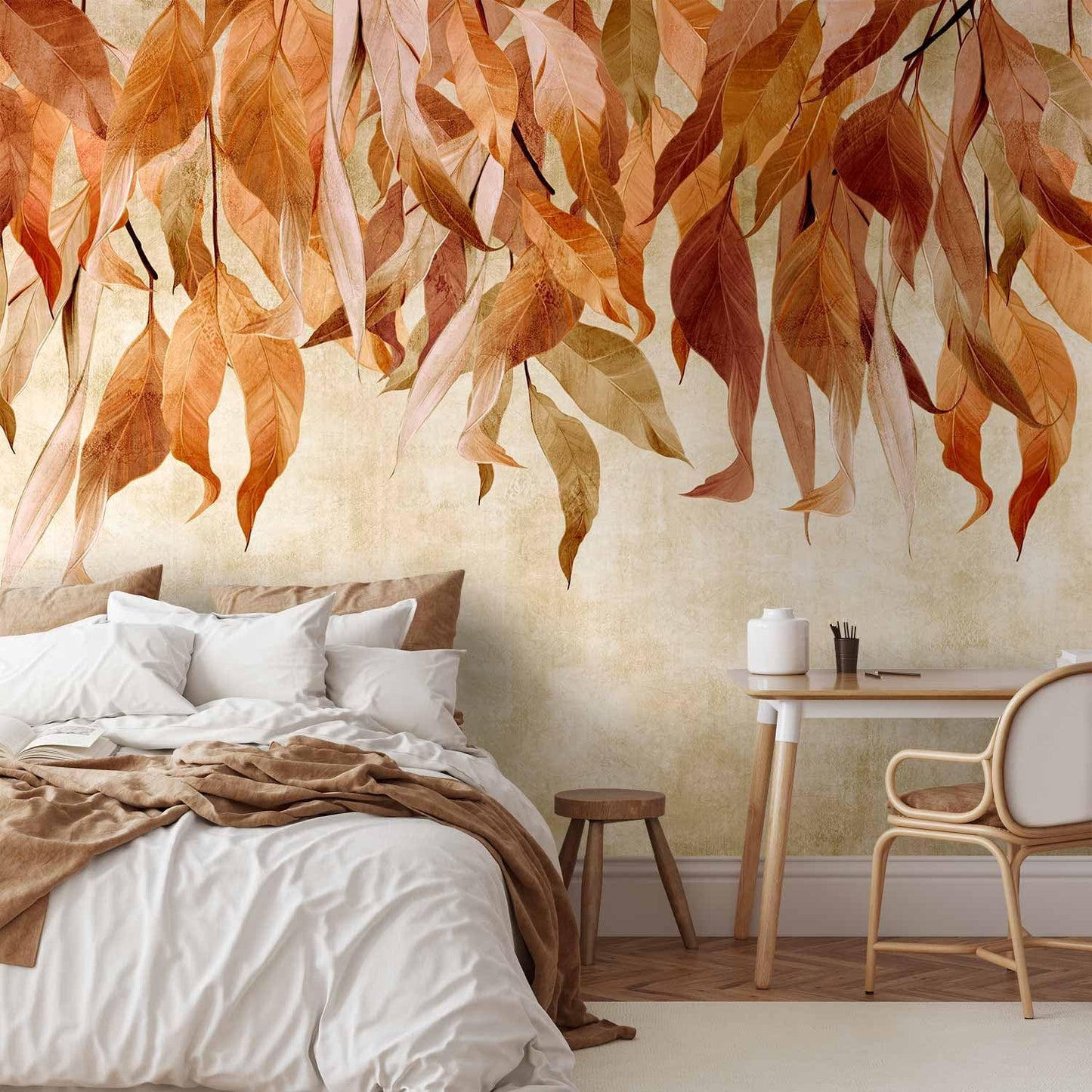 artgeist Wall Mural Hanging Leaves 193x138 in - Peel and Stick Self-Adhesive Wallpaper Removable Large Sticker Foil Wall Decor Print Picture Design Nature Botanical Concrete Orange b-C-10146-a-c