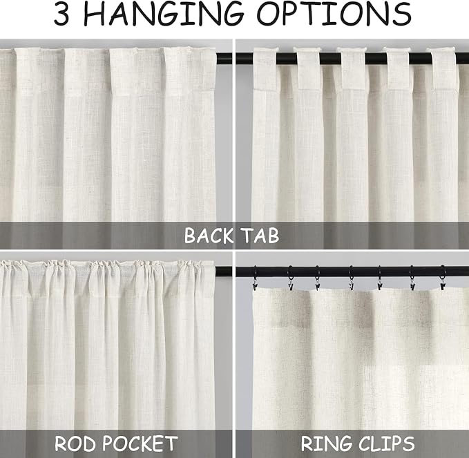 Nanspring Cream 80 inch Linen Curtains for Doorway Semi Sheer Light Filtering Curtains Panels Back Tab and Rod Pocket Modern Neutral for Bedroom Living Room 34 x 80 Inch, 2 Panels