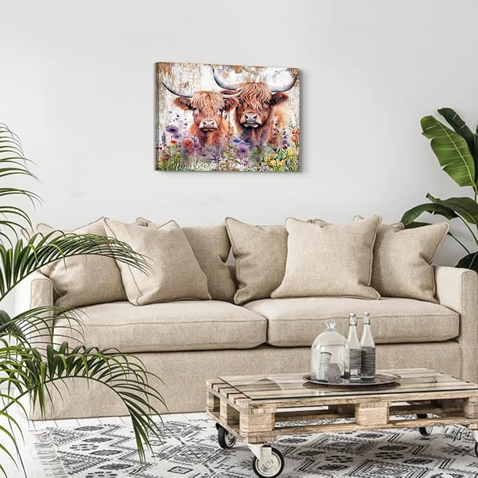 Rustic Cow Pictures Wall Decor Bathroom Farmhouse Highland Cow Wall Art Living Room Vintage Wildflower Cattle Poster Bedroom Farm Animal Canvas Prints Modern Artwork Kitchen Over Bed Decoration 16x24”