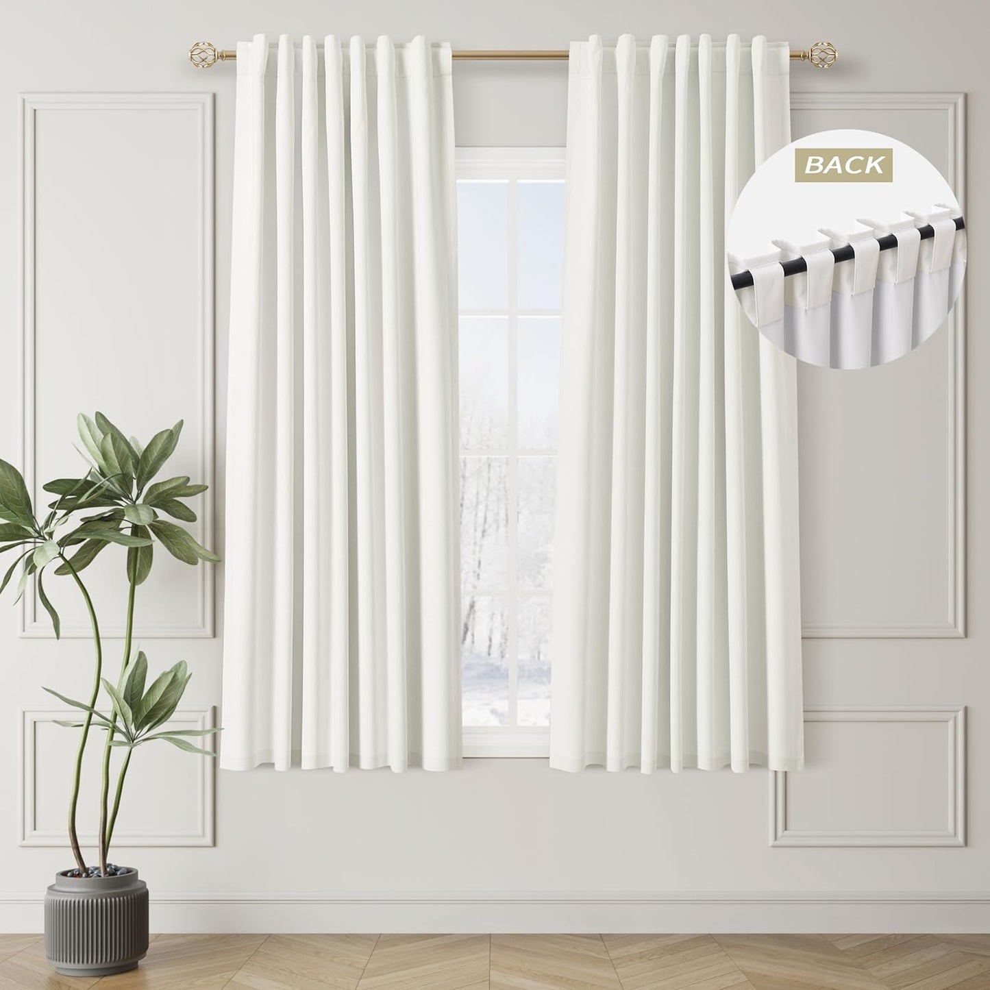BOODII Ivory White Blackout Curtains 63 Inch Length for Bedroom Window Room Darkening Full Light Blocking Curtains Back Tab Neutral Elegant Black Out Curtain Thermal Insulated Linen Drapes 52x63