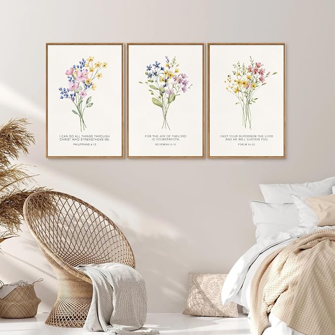 KYLESONLIE Christian Scripture Floral Framed Canvas Wall Art Set, Wildflower Bible Verse Posters Wall Decor, Religious Faith Art Paintings for Living Room Bedroom Dining Room Office Church 16"x24"x3