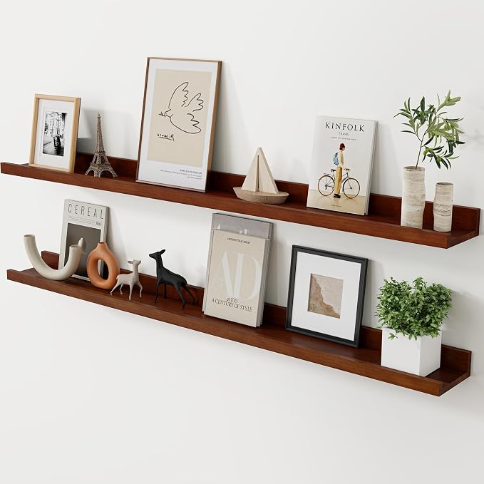 Acovy Long Floating Shelves for Wall, 48 inch Solid Wood Picture Ledge Shelf, Picture Shelf for Wall with Ledge, Floating Book Shelves for Living Room Bedroom Kitchen Nursery Decor, Walnut, Set of 2