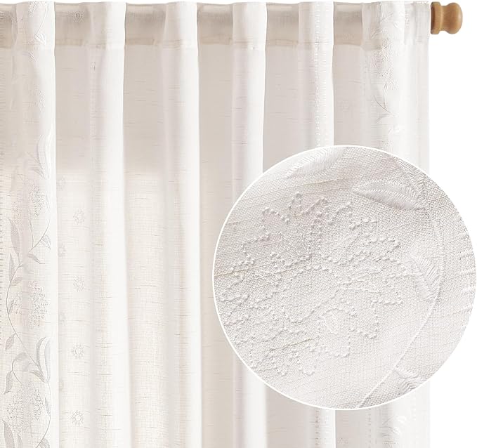 jinchan Winslow Linen Curtains for Bedroom 63 Inches Length Embroidered Bordered Floral Curtains for Living Room Farmhouse Decor Light Filtering Window Treatments White on White Drapes 2 Panels