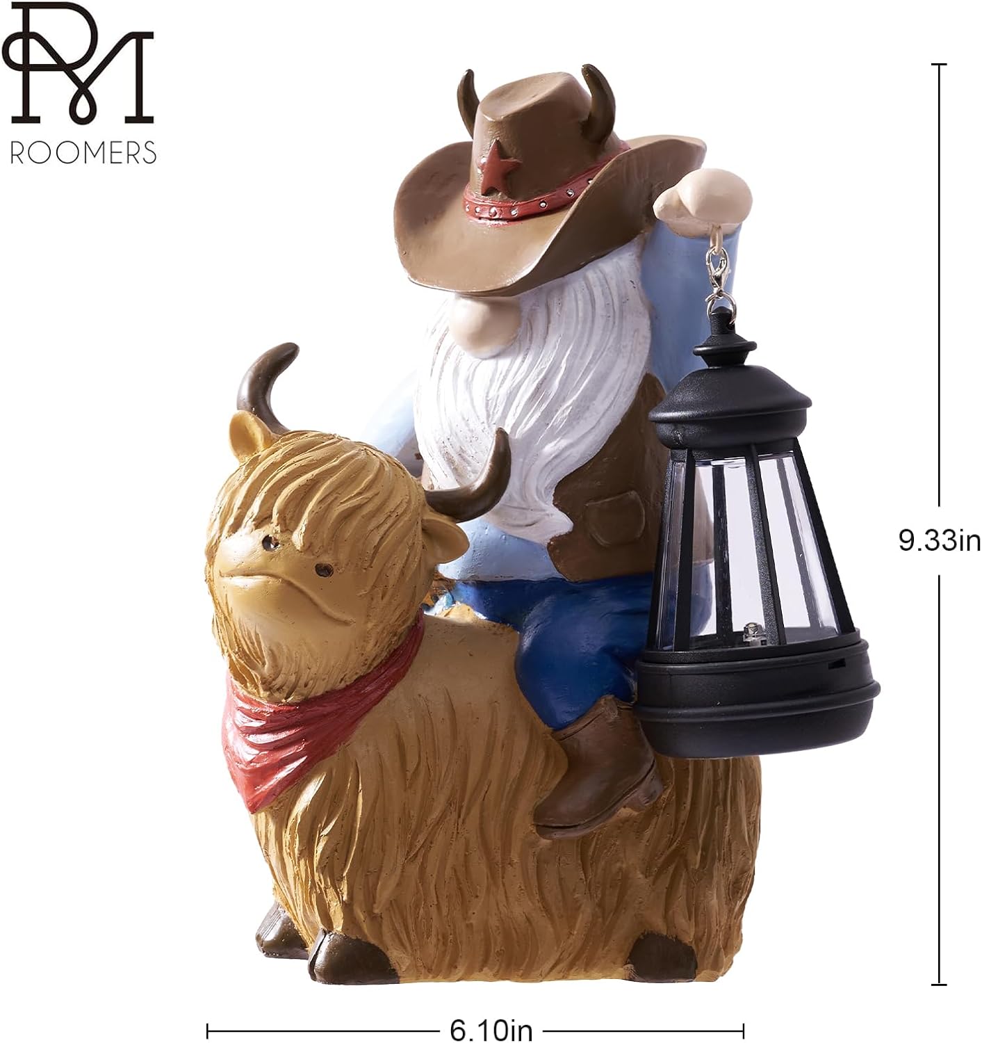 RM ROOMERS Garden Highland Cow Decor Outdoor Resin Solar Highland Cowboy Gnome Statue Yard Decorations Funny Gnomes Figurine Lights Unique Gifts for Women Housewarming Patio