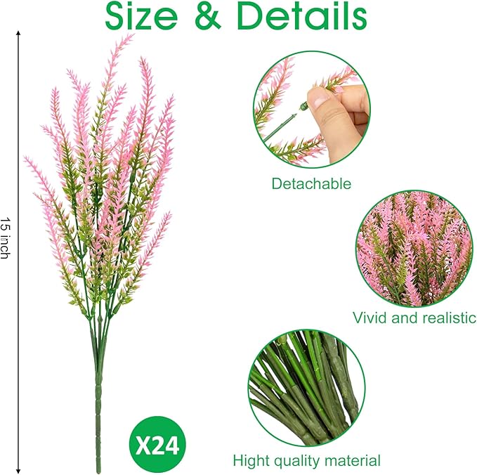 Ouddy Decor 24 Bundles Artificial Lavender Fake Flowers Faux Plastic Plants for Home Wedding Kitchen Garden Patio Window Box Office Table Centerpieces Indoor Outdoor Decor, Pink