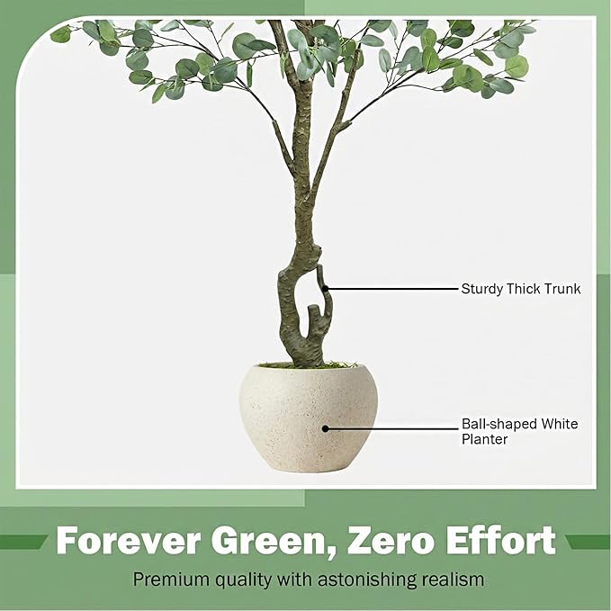 Caxchiling Large Artificial Eucalyptus Tree 7FT, Indoor Outdoor Faux Tree | Natural Trunk with White Planter for Home Office Living Room Front Door Decor