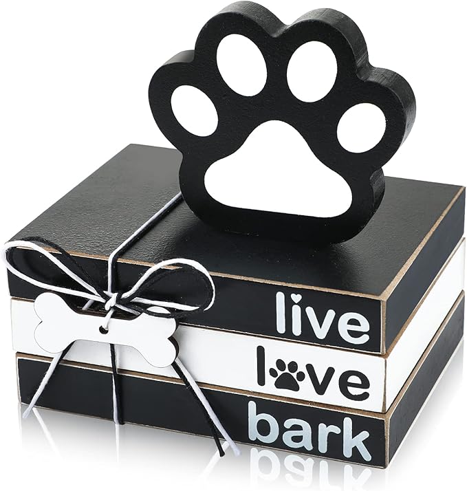 Pinkunn 4 Pieces Wooden Decor Dog Lovers Gifts, Paw Tiered Tray Decor for Table Mini Wood Book Stacks Centerpiece Block Signs for Party Home Room Kitchen Dining Table Shelf Decoration