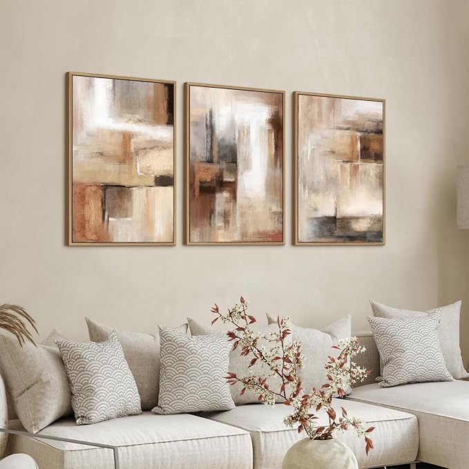 Large Framed Canvas Wall Art - Natural Float Framed Brown Abstract Picturtes for Living Room Decor Brown Abstract Painting Artwork Prints for Bedroom Kitchen Home Office Decor 48" X 24" Set of 3