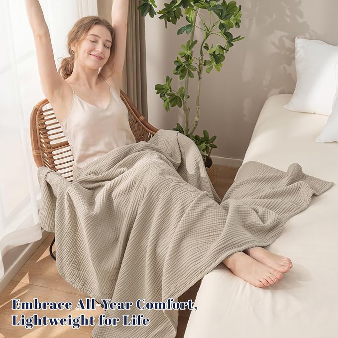 PHF 100% Cotton Muslin Throw XL Blanket Large 50" x 70", 4-Layer Lightweight Gauze Throw, Breathable Cloud-Soft Minimalist Blanket for Bed, Couch, Camping & Baby, Taupe, Ideal Gift
