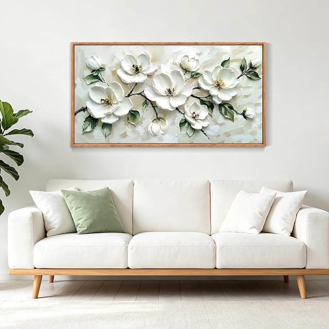 CHDITB 3D White Magnolia Floral Impasto Relief Textured Framed Canvas Wall Art Set, Neutral Beige Minimalist Wall Decor, Modern Texture Art Prints for Living Room Hallway Bedroom Home Decor 40"x20"