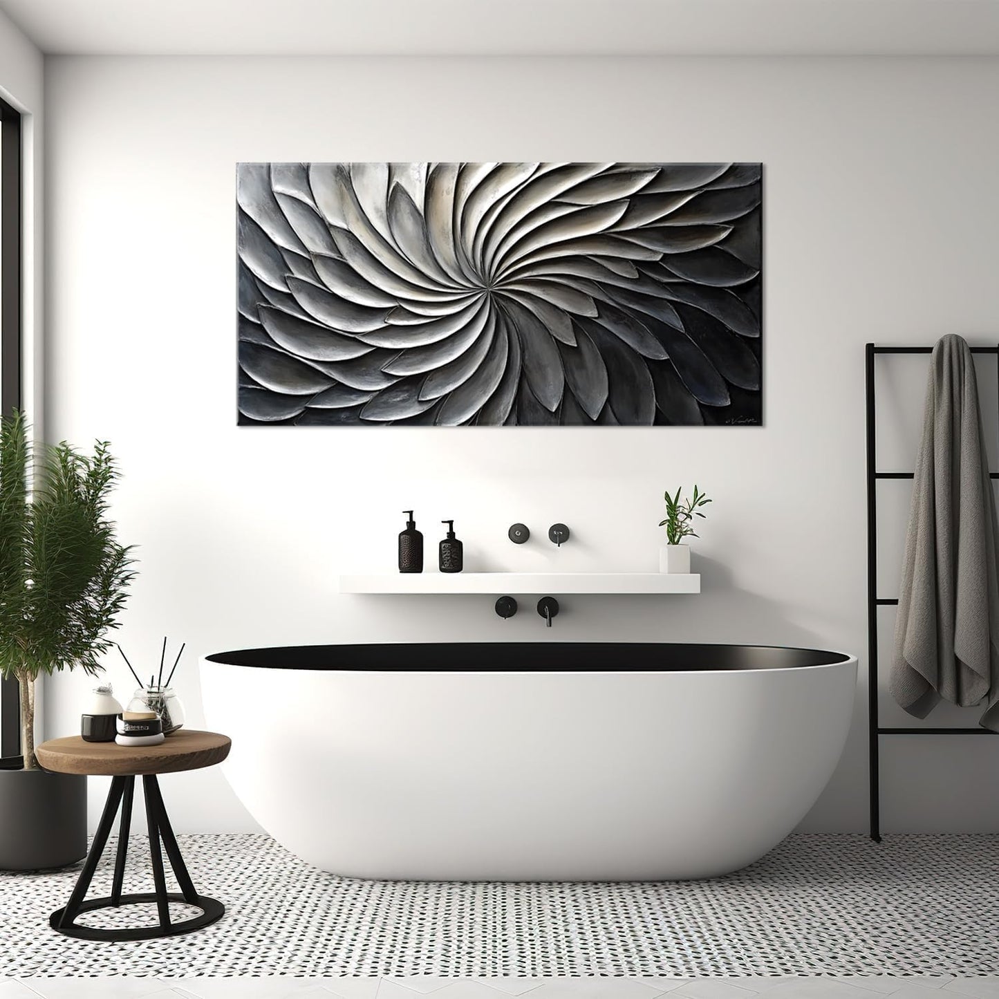 LASMOND Abstract Black and White Wall Art for Living Room Modern Canvas Print Painting Lines Flower Floral Large Artwork Bedroom Home Office Wall Décor (40x20 Inches)