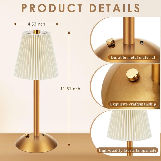 Liliful 2 Pcs Cordless Table Lamp Rechargeable Touch LED Small Gold Portable Battery Operated USB-c Desk Lamp 3 Color Dimmable for Bedroom Living Room Dining (Gold,Beige Cloth Style)