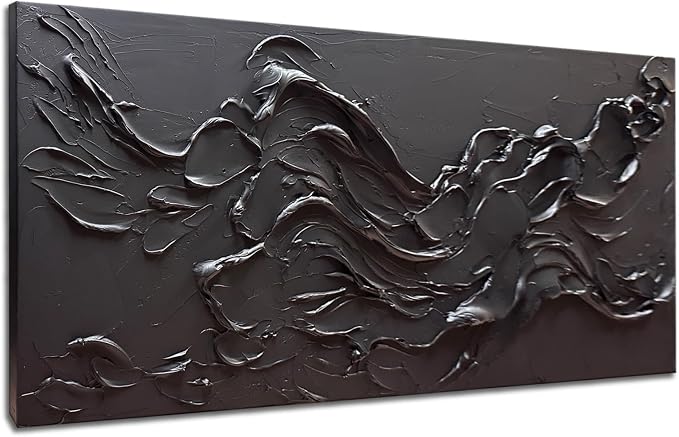 zoinart 100% Hand Painted Thick Texture Black Wall Art Minimalist Oil Painting Contemporary Art 24x48 Inches Oil on Canvas Black Texturd Wall Art Home Decoration