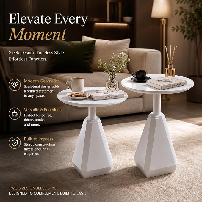 Round Wood Side Table, Set of 2, Coffee Nightstand Cocktail Drink Modern Accent Circle End Table, Wood Pedestal Base for Living Room, Bedroom, Small Spaces, Offices, Ivory