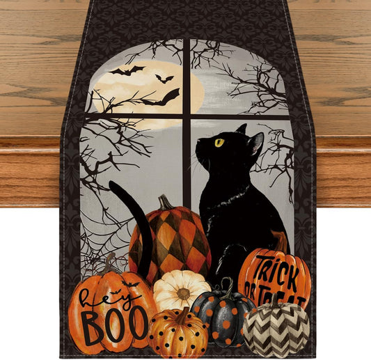 Artoid Mode Black Cat Pumpkins Boo Halloween Table Runner, Trick Or Treat Seasonal Kitchen Dining Table Decoration for Home Party Decor 13x120 Inch