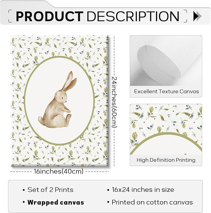 Vintage Nursery Wall Art Cute Goose Canvas Poster Bunny Wall Decor Baby Kids Poster Rabbit Duck Prints Cute Animal Pictures Pale Green Painting Artwork for Gallery Bedroom 16x24x2 Inch Ready to Hang