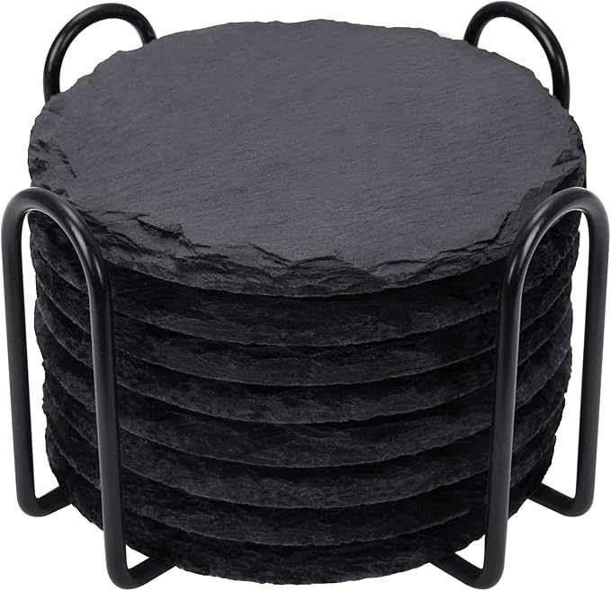 Slate Drink Coasters with Metal Holder, GOH DODD Set of 8 Black Coasters, 4 Inch Stone Coaster Set Tabletop Protection for Home Kitchen Apartment Bar Decor Housewarming Gifts Wedding Party, Round