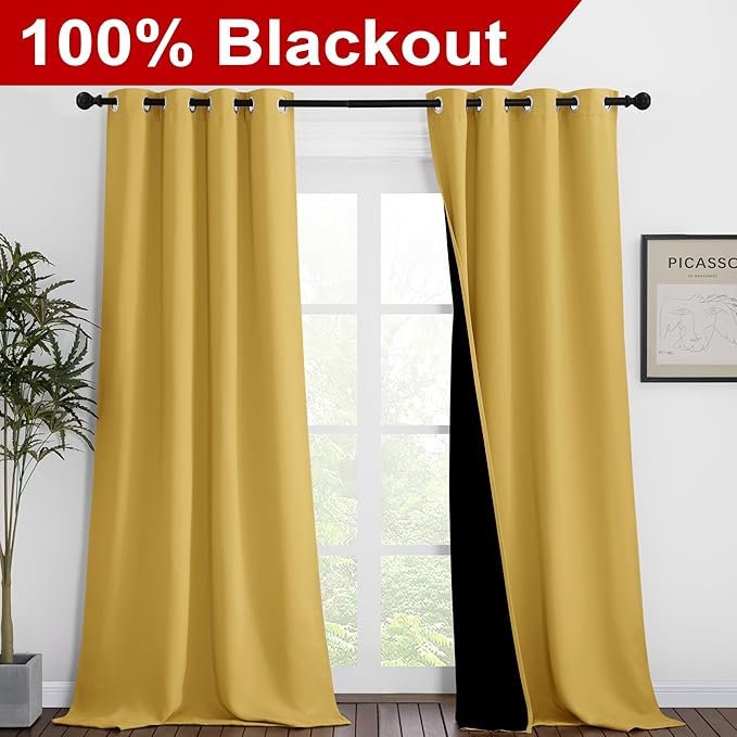 NICETOWN Bright Yellow Full Shade Curtain Panels, Pair of Thermal Insulated & Energy Efficiency Blackout Drapes for Living Room Windows, Lined Silky Performance Window Dressing (46" Wide x 90" Long)